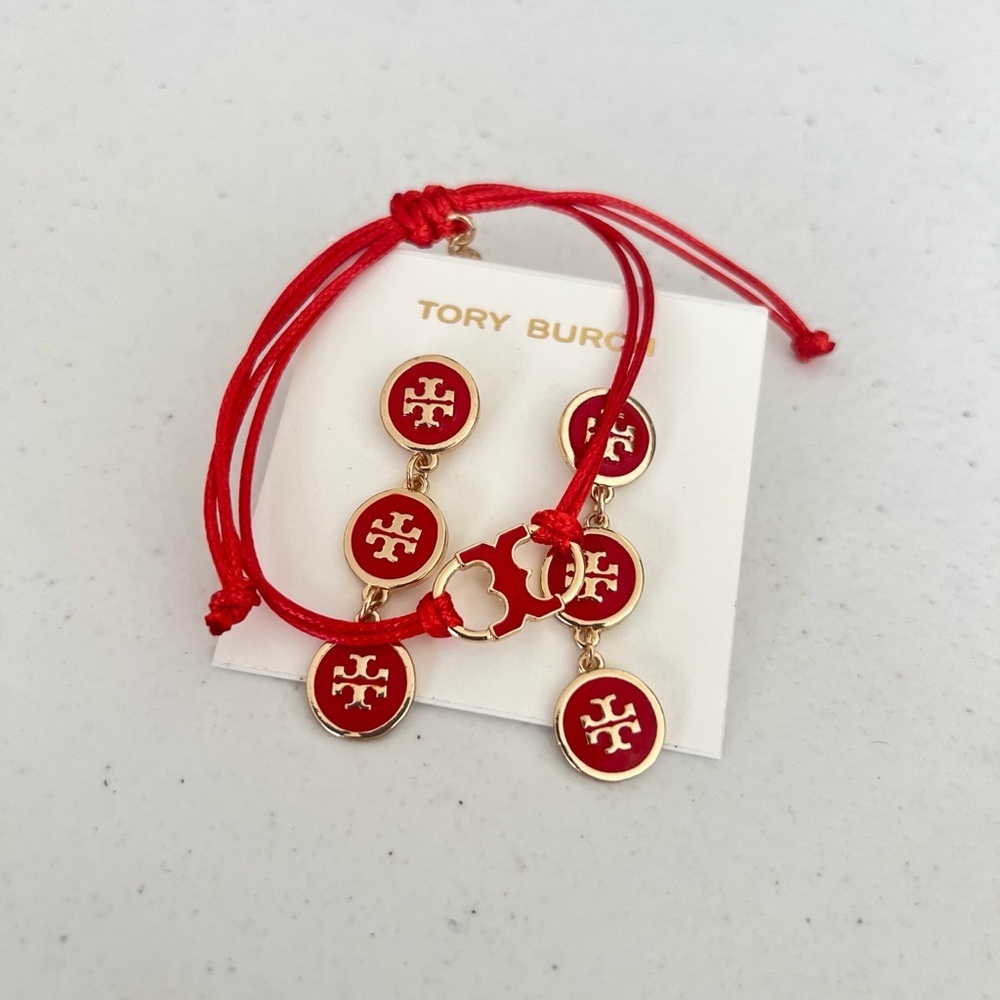 Tory Burch Gold-Tone Red Enamel Triple Drop Logo Earrings - Picture 10 of 13